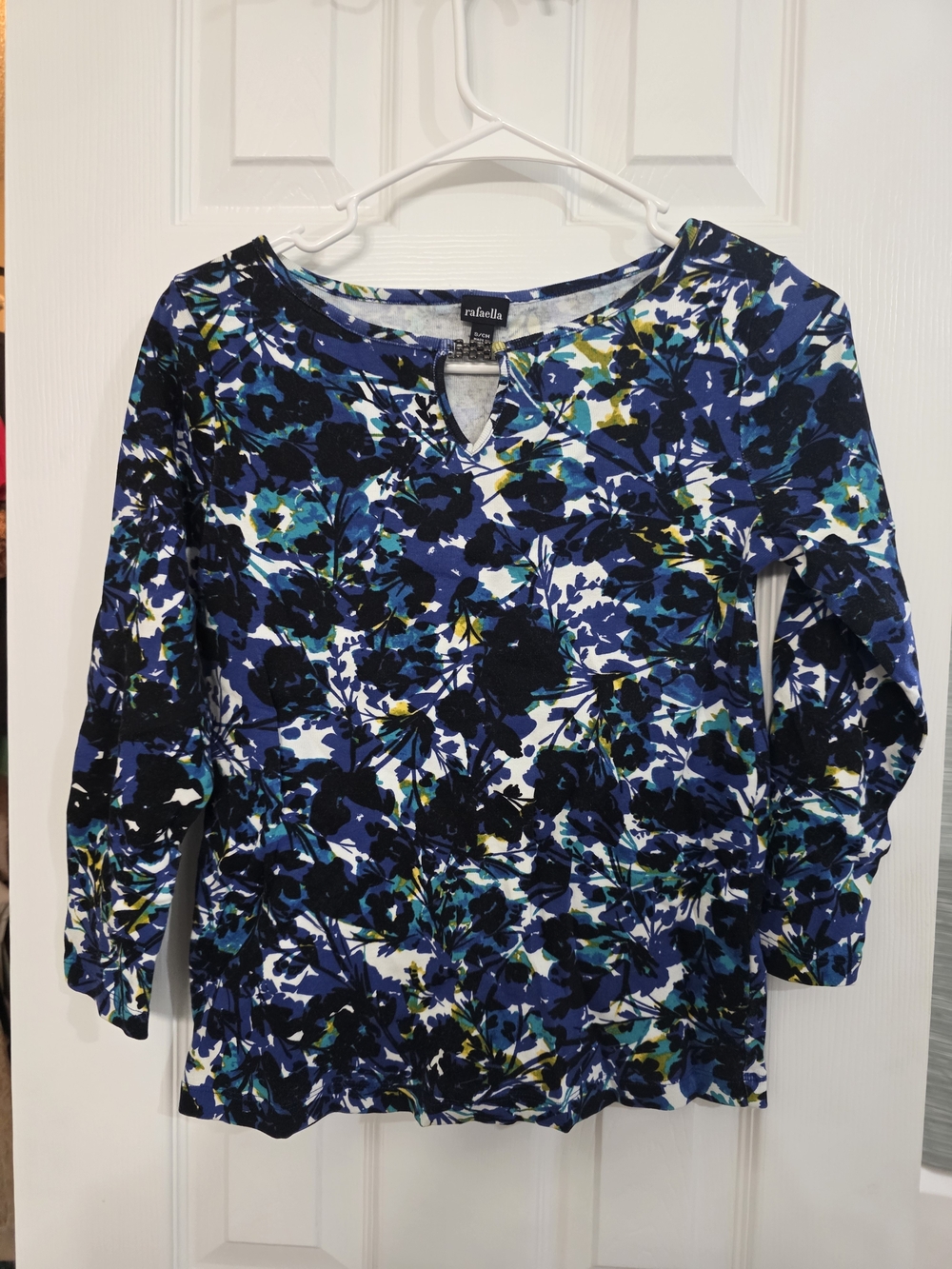 Rafaella Navy and Blue Floral Keyhole Long-Sleeve Top